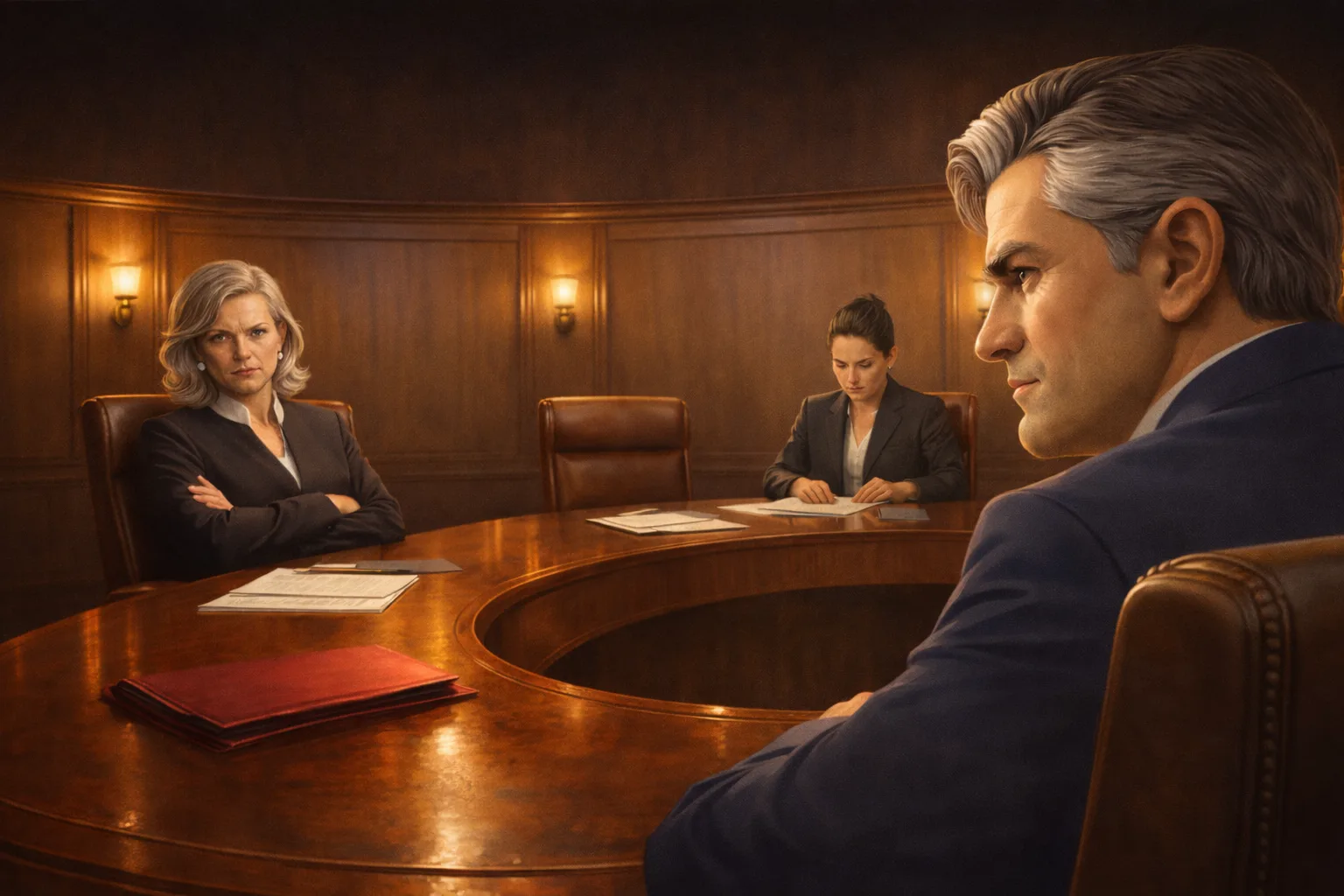 Character key art for Rotten Chamber, a tense confrontation between a seated Mayor and two officials across the council table