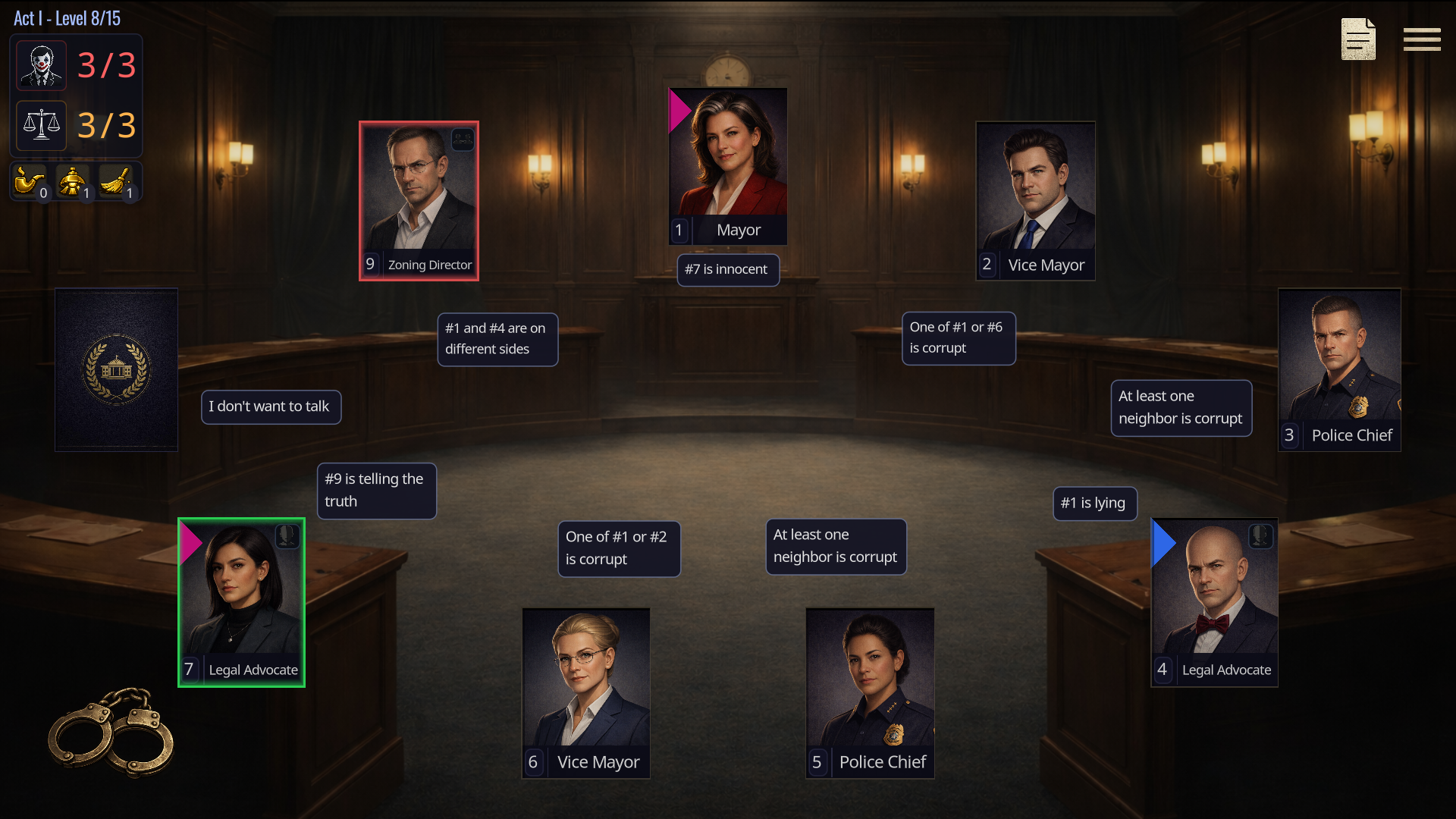 Using investigation abilities in a single-player social deduction game